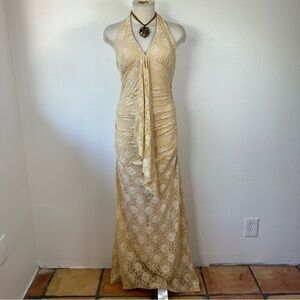 Elegant Cream Lace Halter Dress